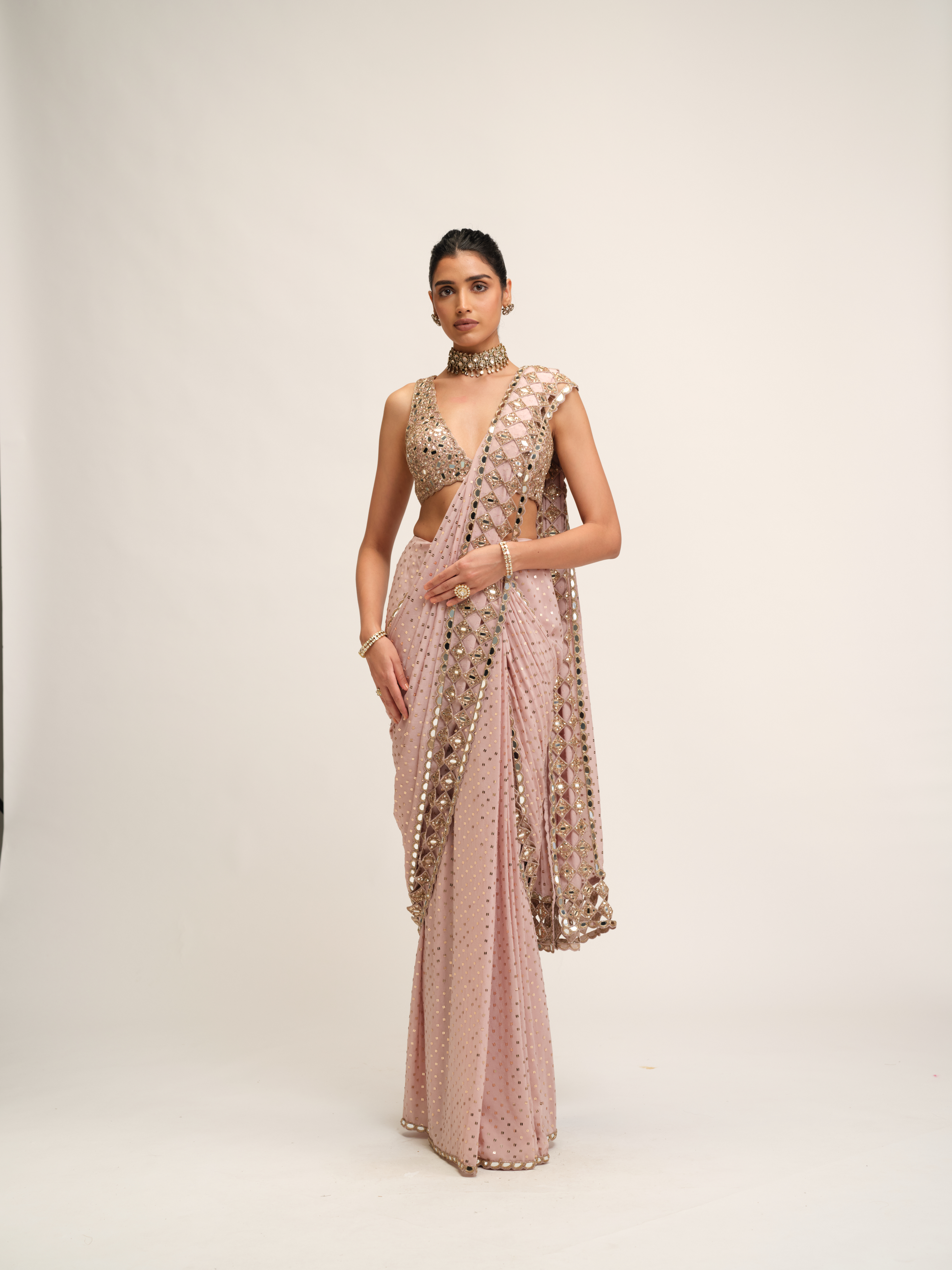 ASH PINK CUTWORK BORDER SAREE SET