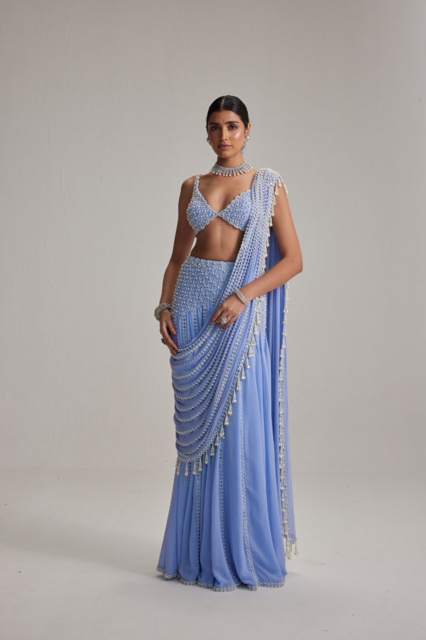 Dew Blue Linear Mirror And Pearl Embroidered Draped Saree Set