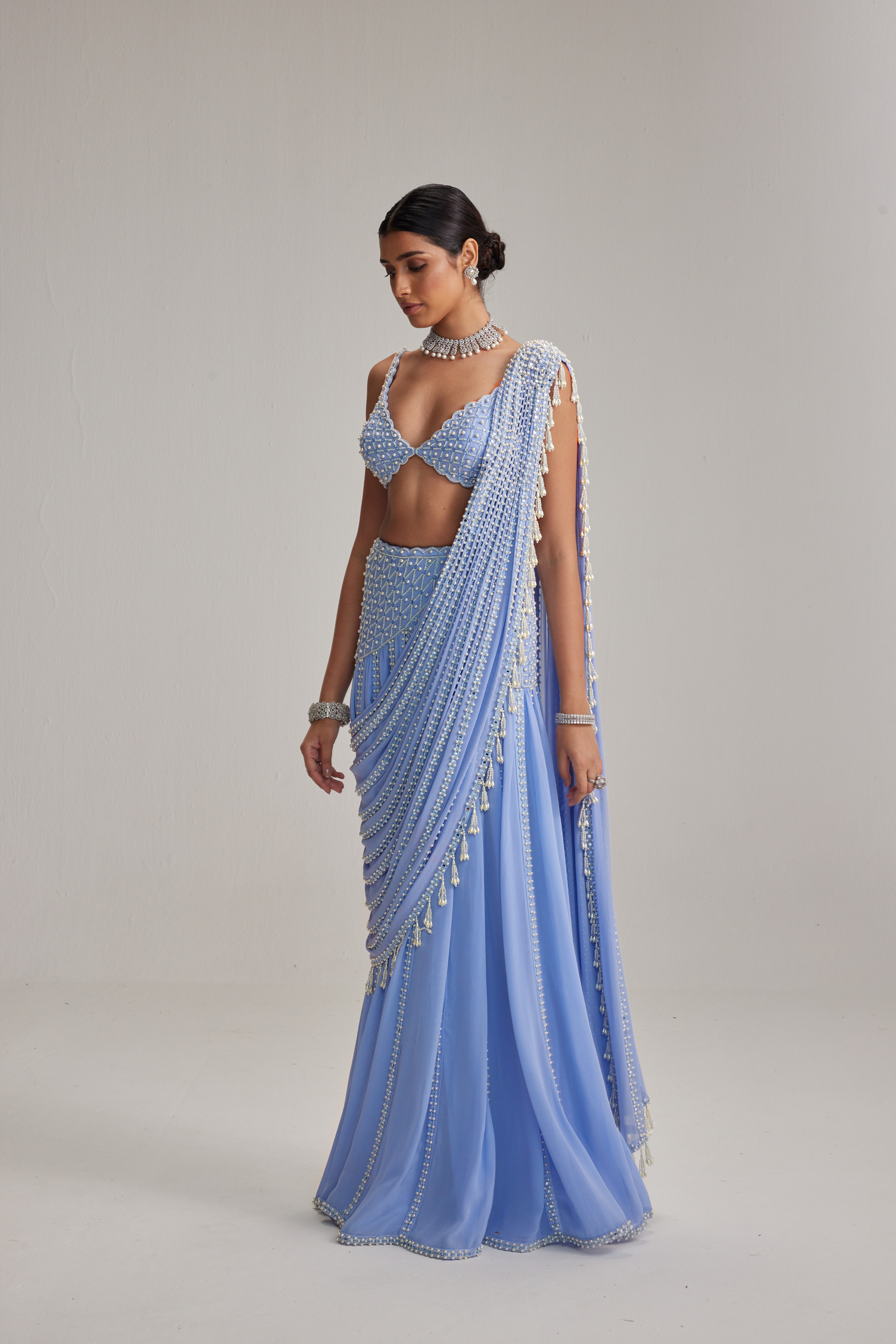 Dew Blue Linear Mirror And Pearl Embroidered Draped Saree Set - Image 3