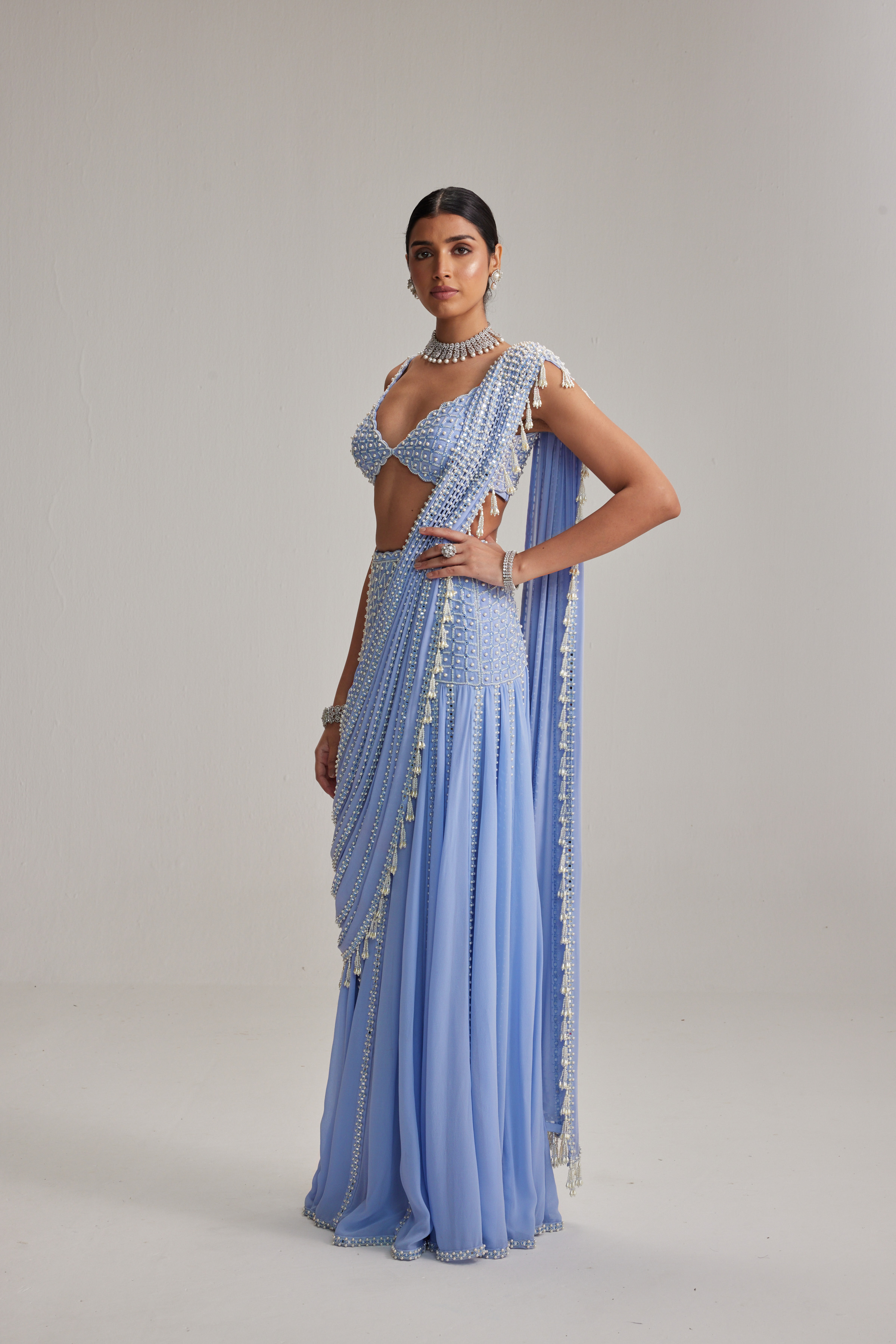 Dew Blue Linear Mirror And Pearl Embroidered Draped Saree Set - Image 4