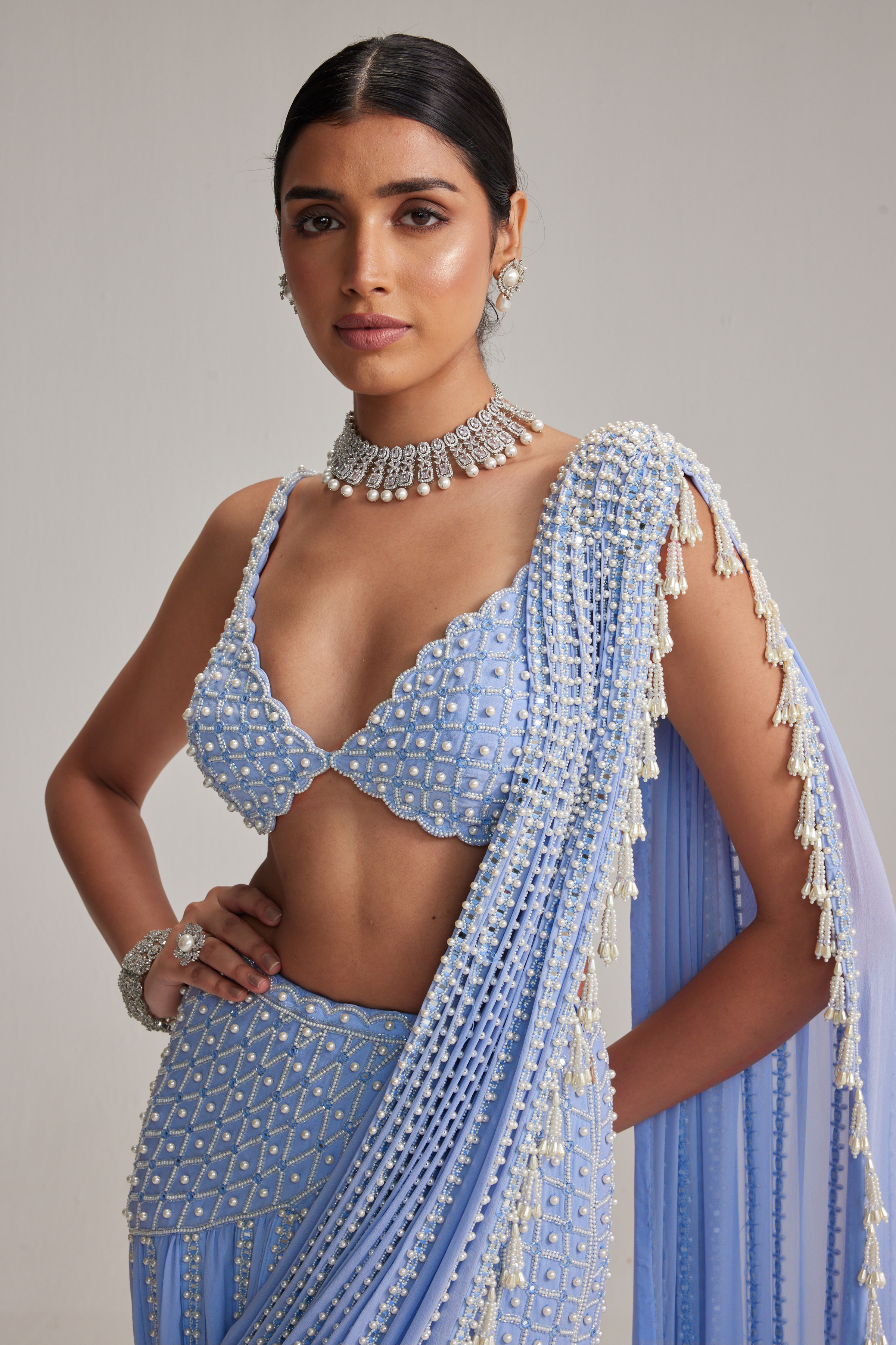 Dew Blue Linear Mirror And Pearl Embroidered Draped Saree Set - Image 5
