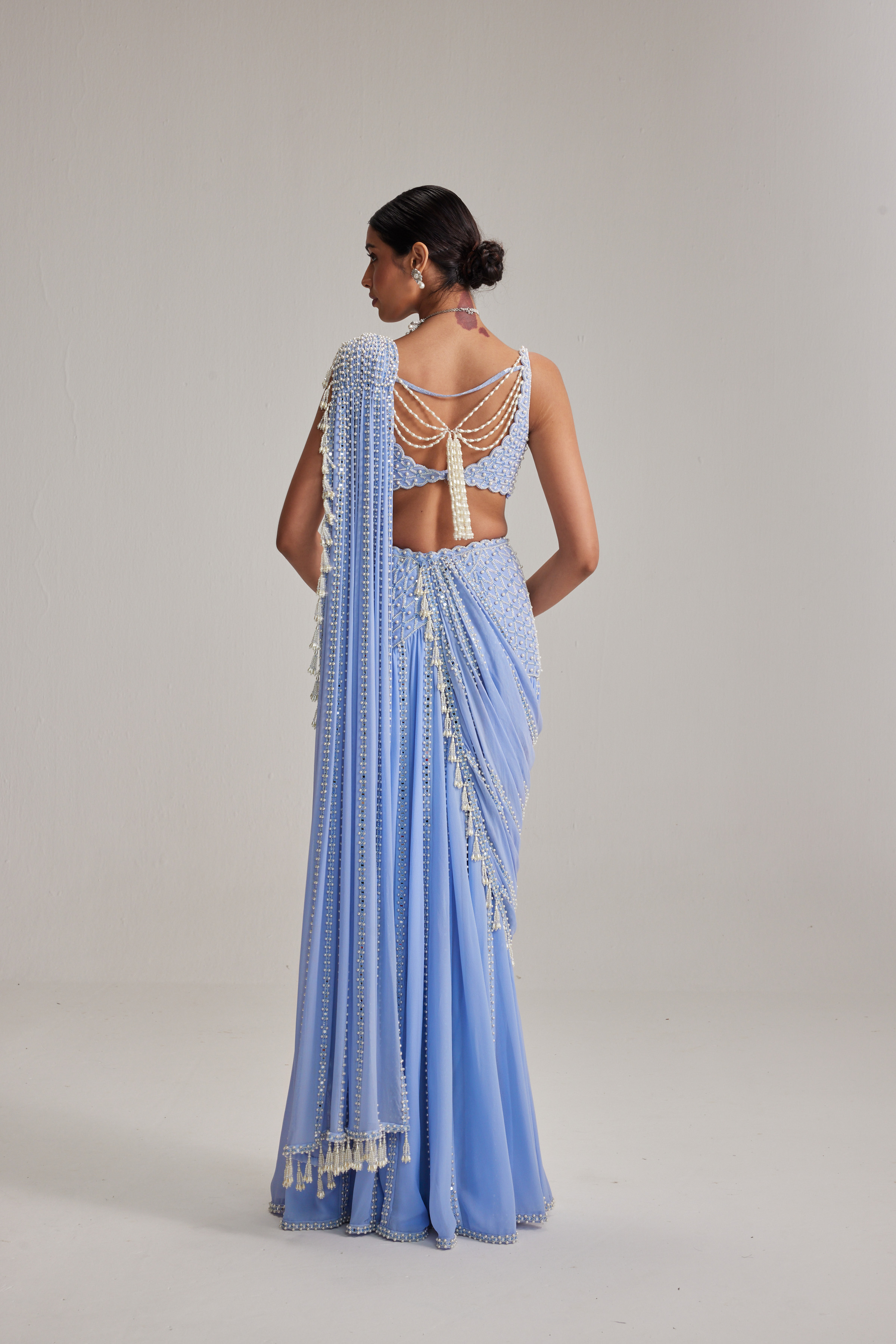 Dew Blue Linear Mirror And Pearl Embroidered Draped Saree Set - Image 6