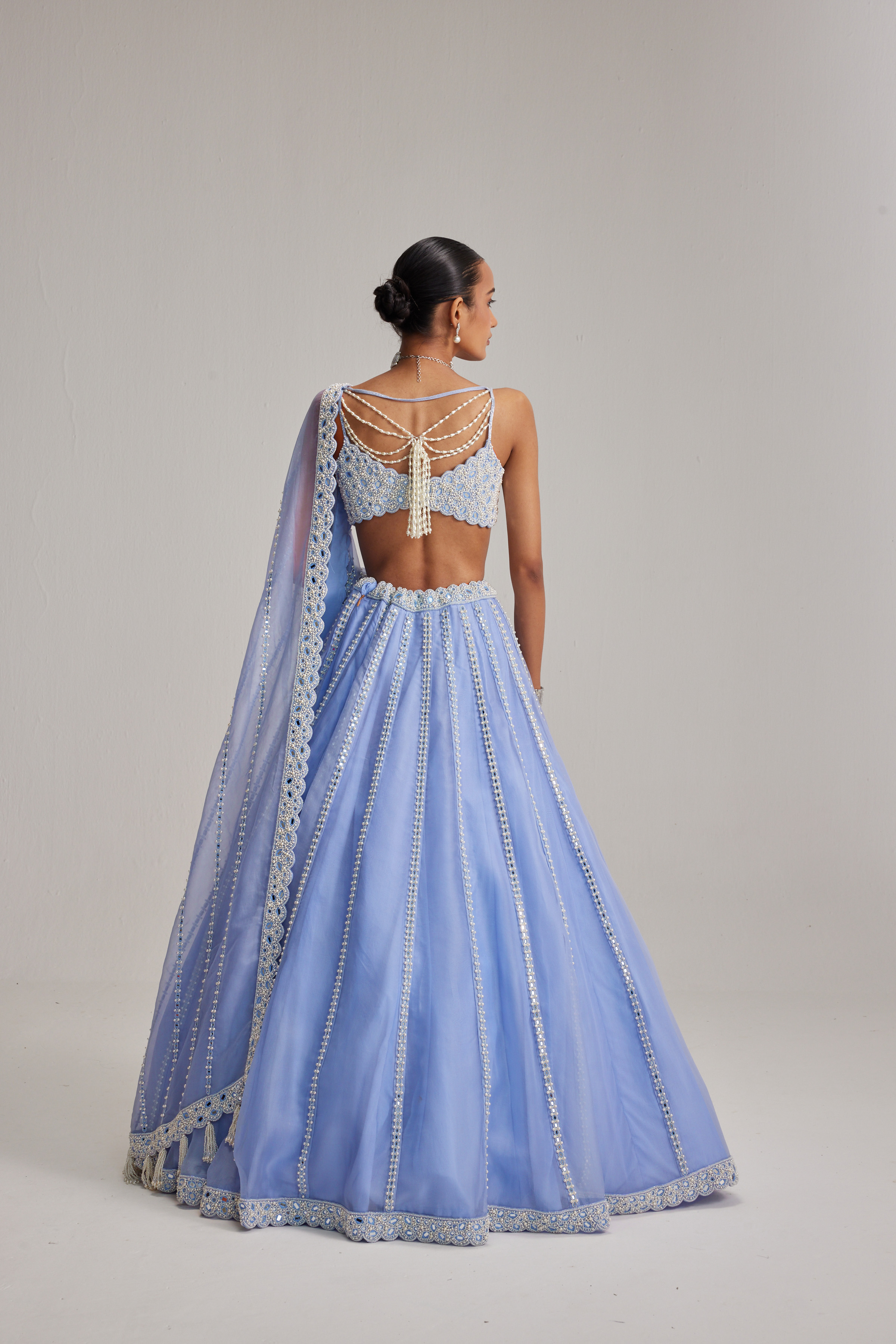 Dew Blue linear Mirror Organza Lehenga Set - Image 5