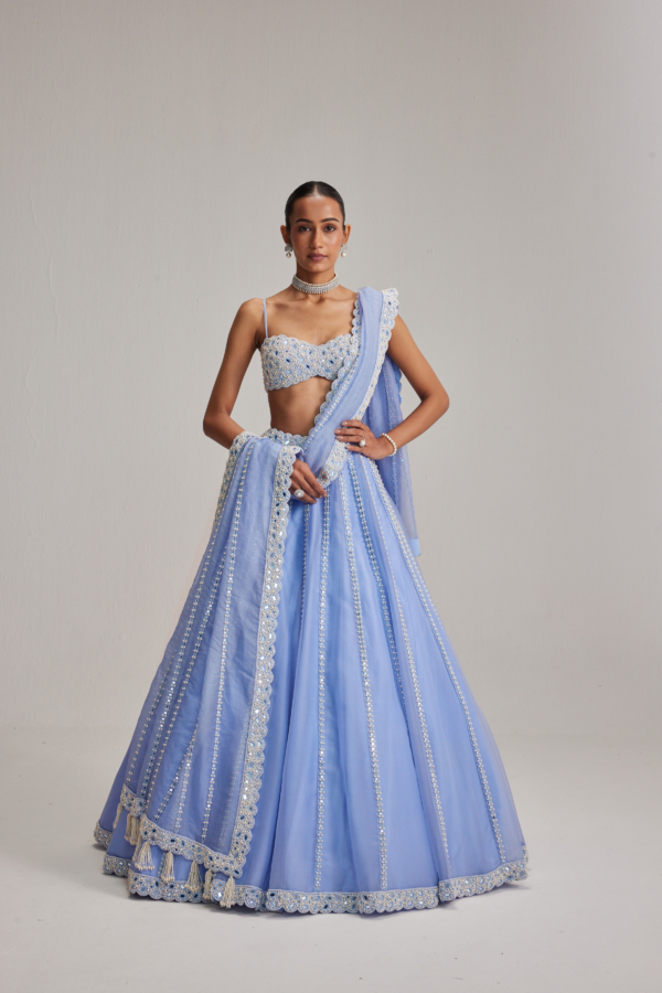 Dew Blue linear Mirror Organza Lehenga Set