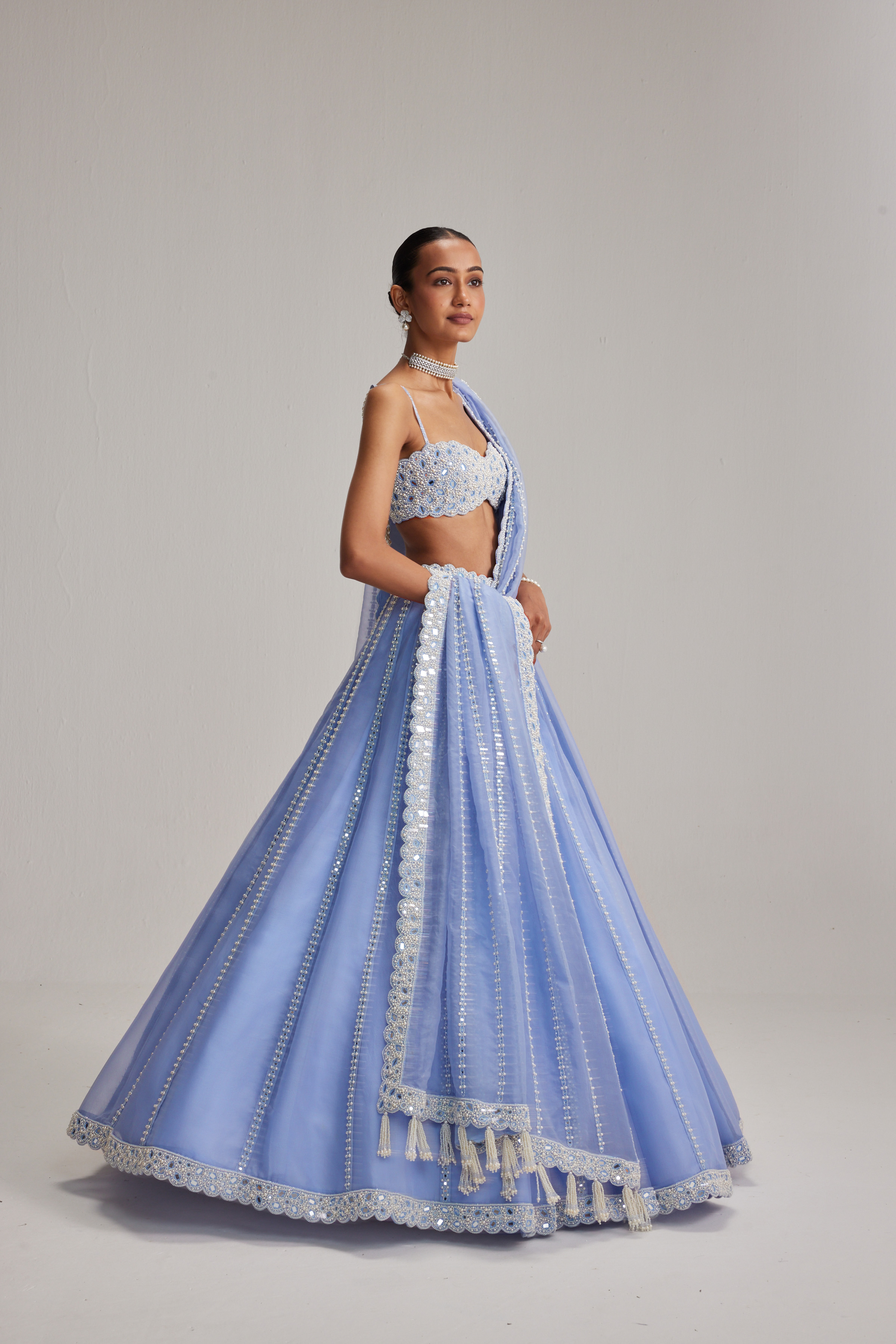 Dew Blue linear Mirror Organza Lehenga Set - Image 3