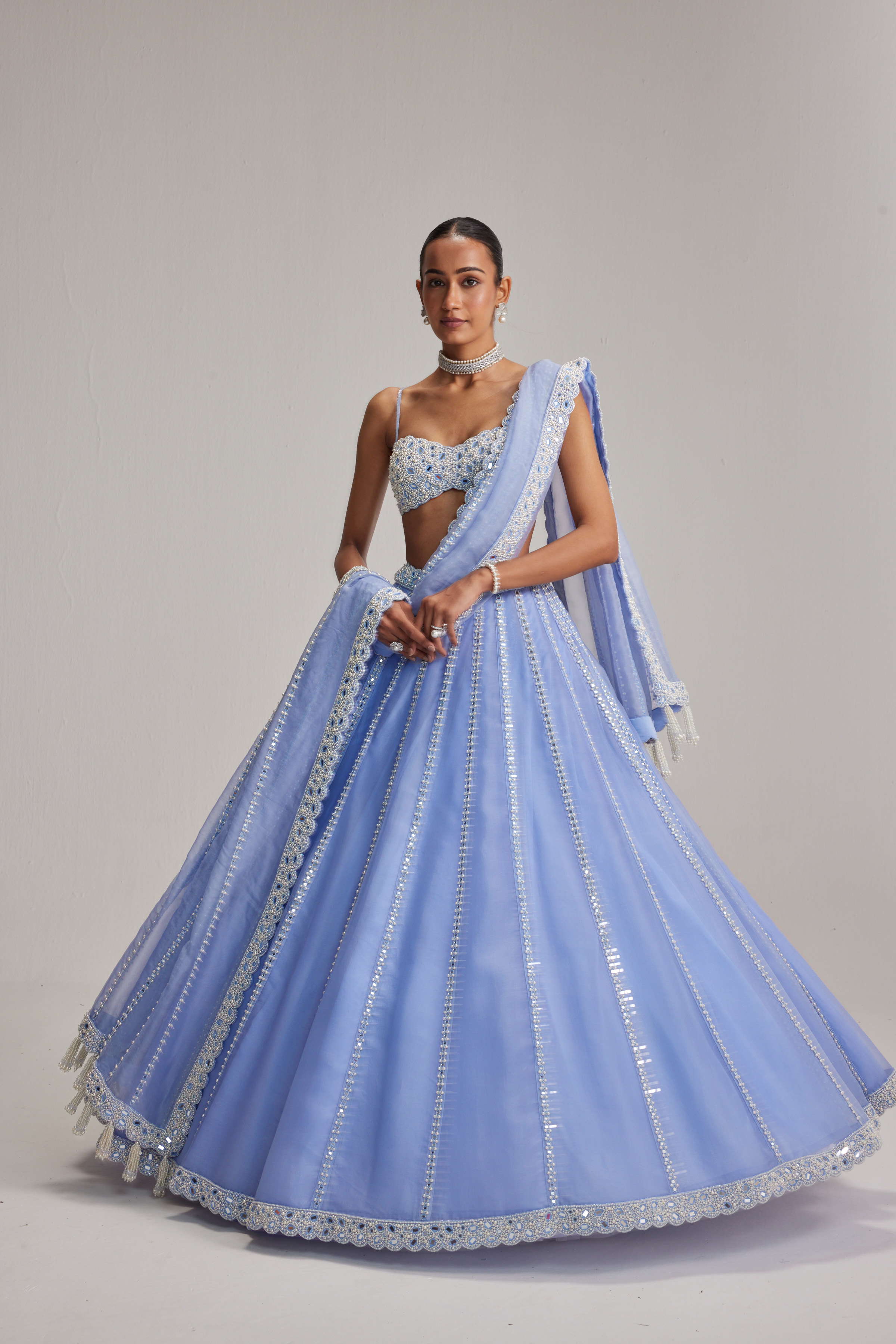 Dew Blue linear Mirror Organza Lehenga Set - Image 4