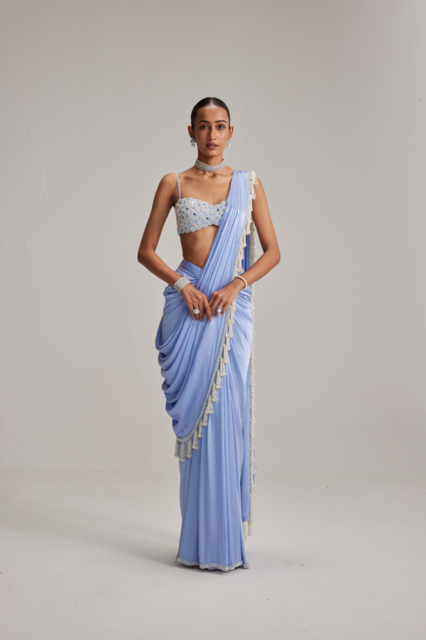 Dew Blue Satin draped Saree Set