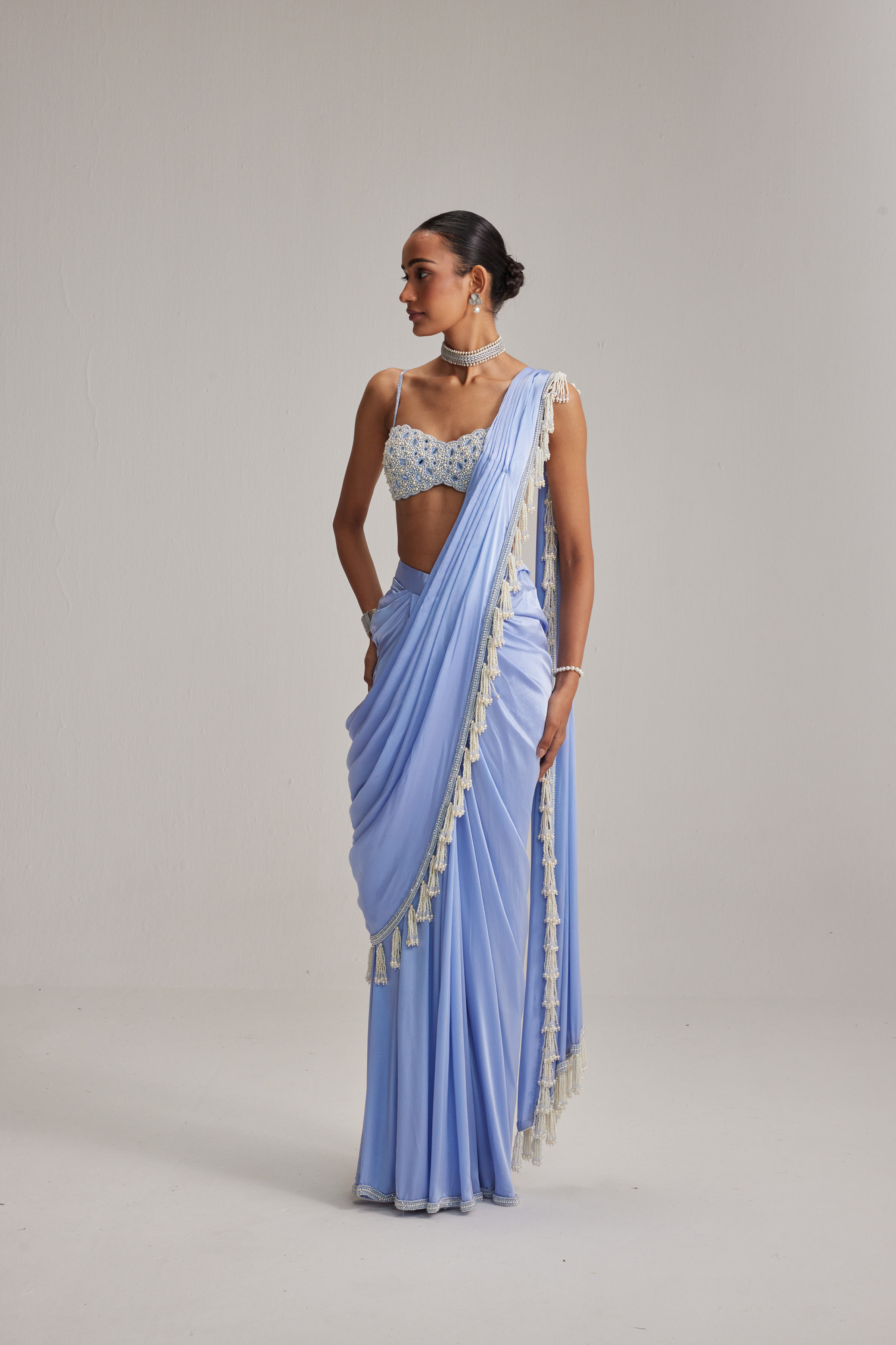 Dew Blue Satin draped Saree Set - Image 3