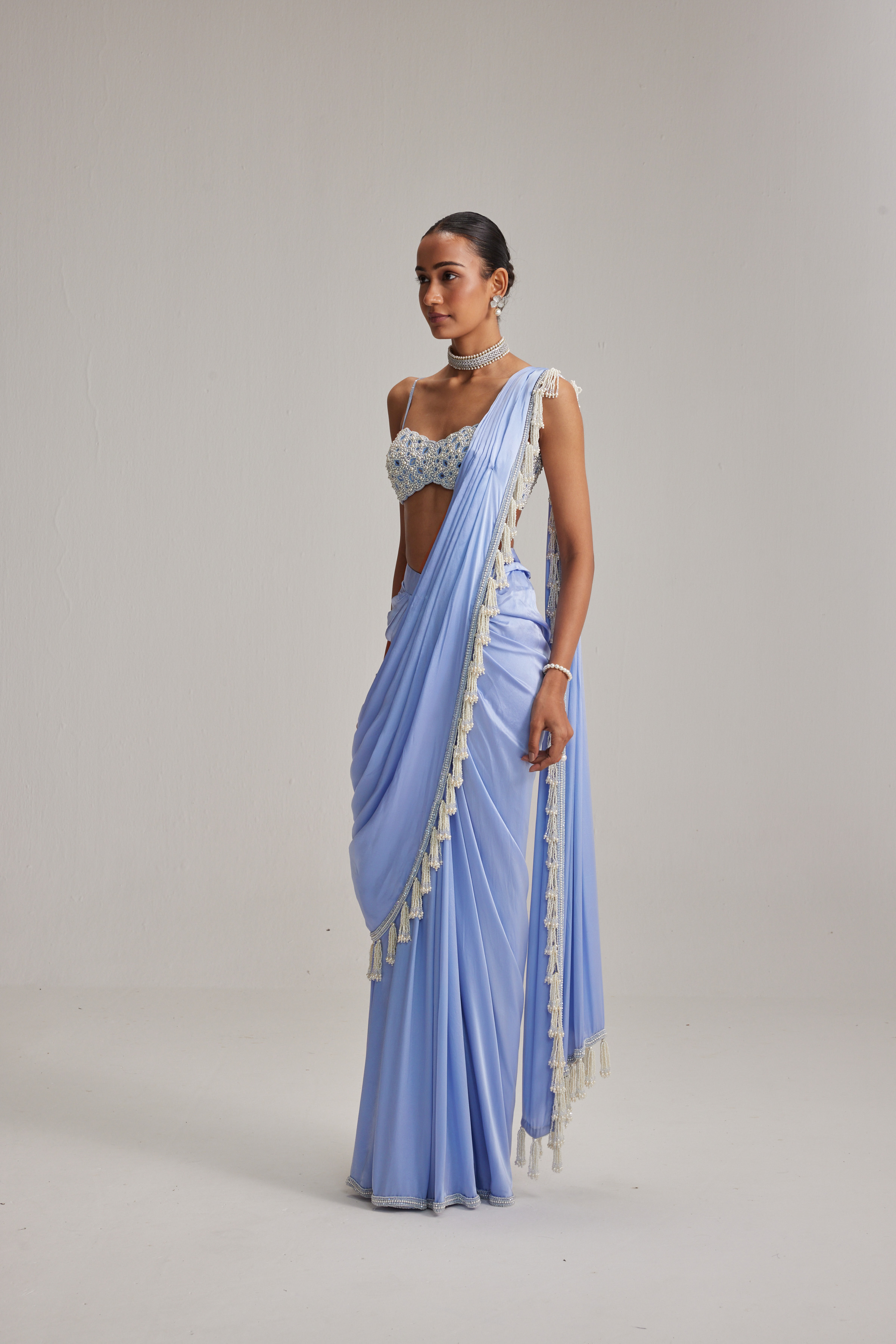 Dew Blue Satin draped Saree Set - Image 4