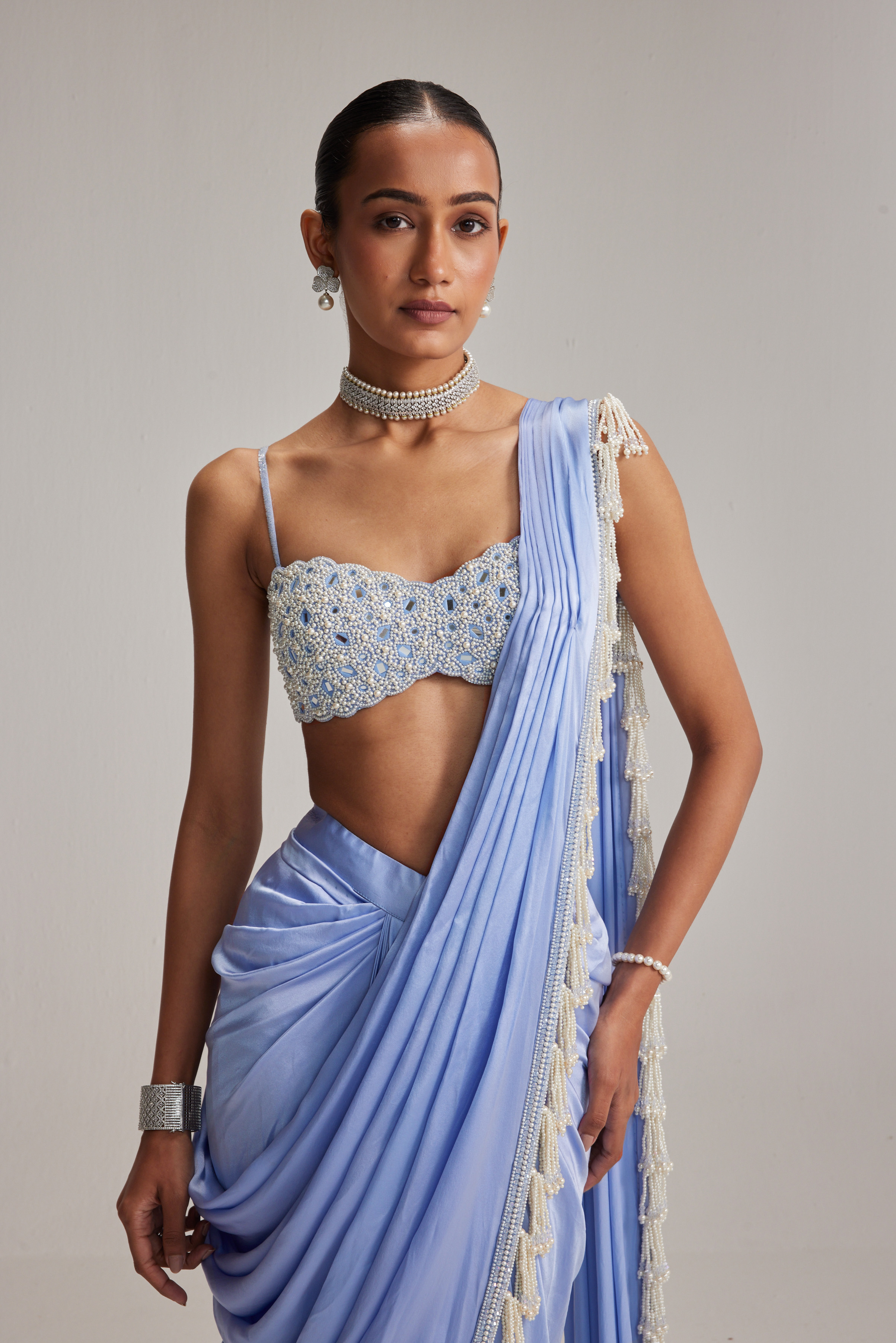 Dew Blue Satin draped Saree Set - Image 5