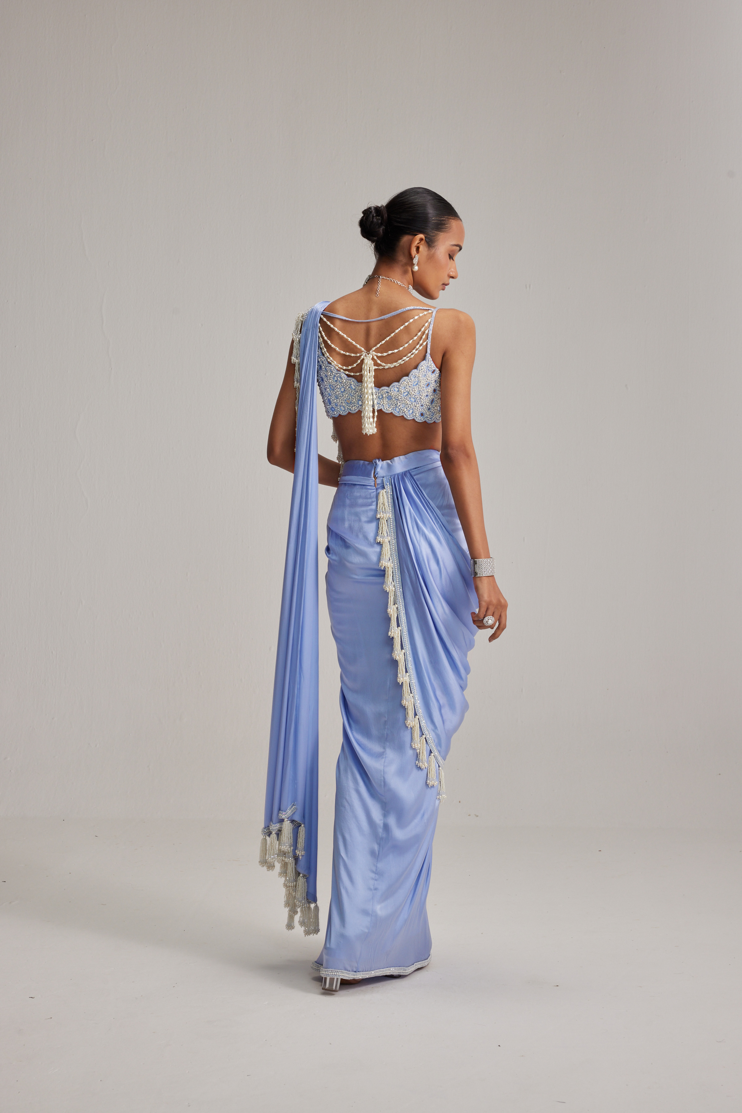 Dew Blue Satin draped Saree Set - Image 6