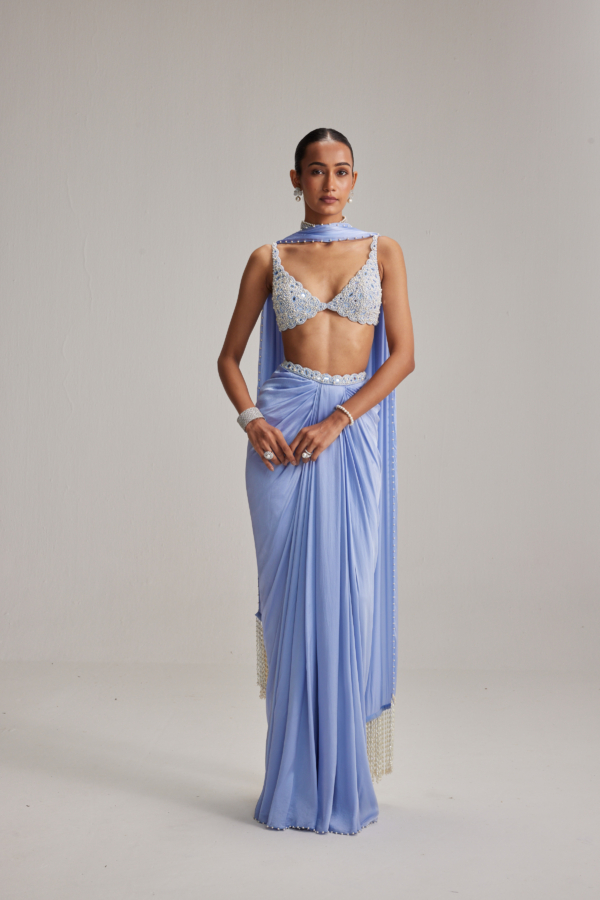 Dew Blue Satin draped skirt Set