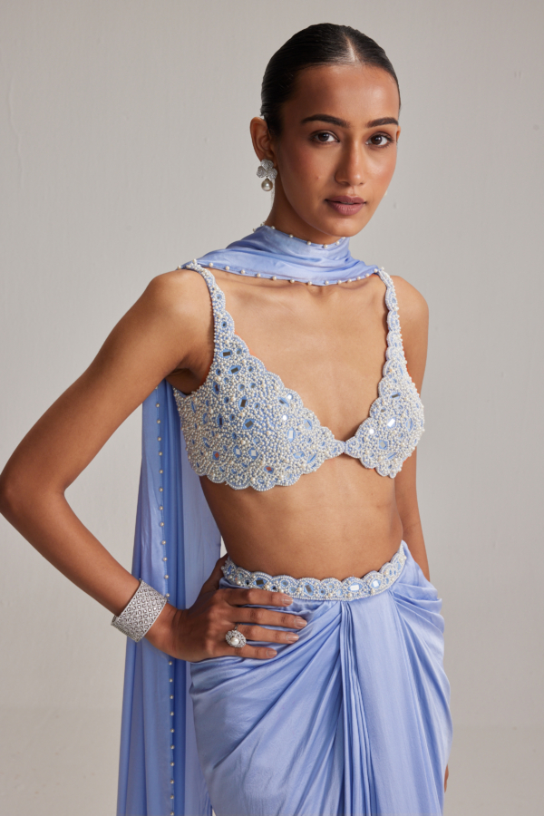 Dew Blue Satin draped skirt Set