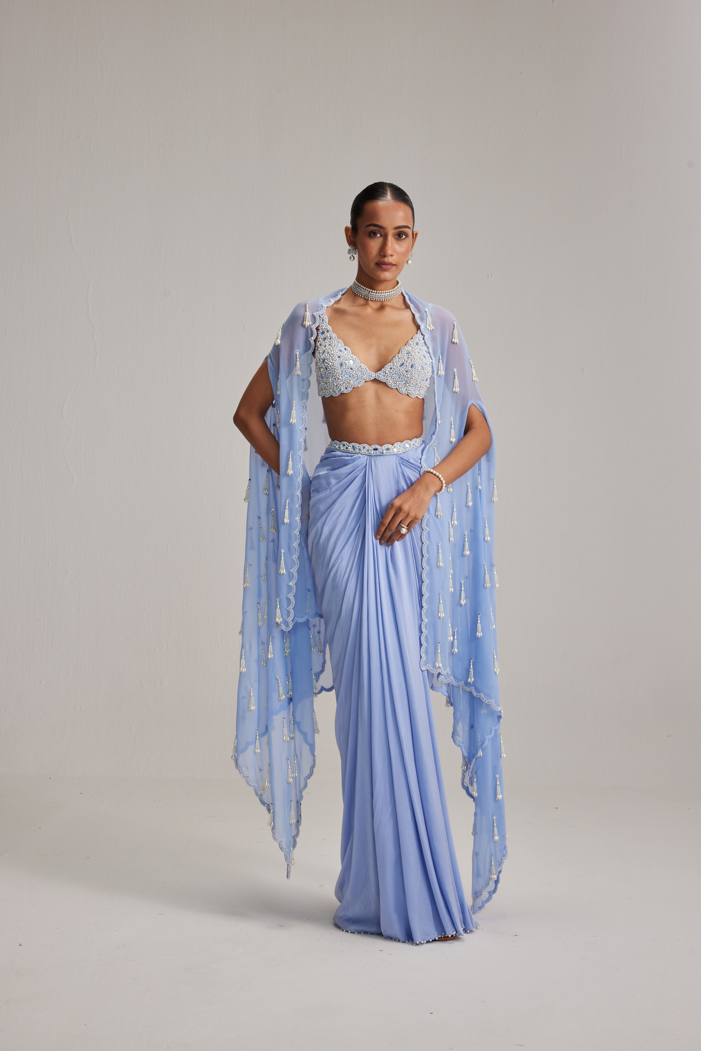 Dew Blue Cape And Satin draped skirt Set - Image 3