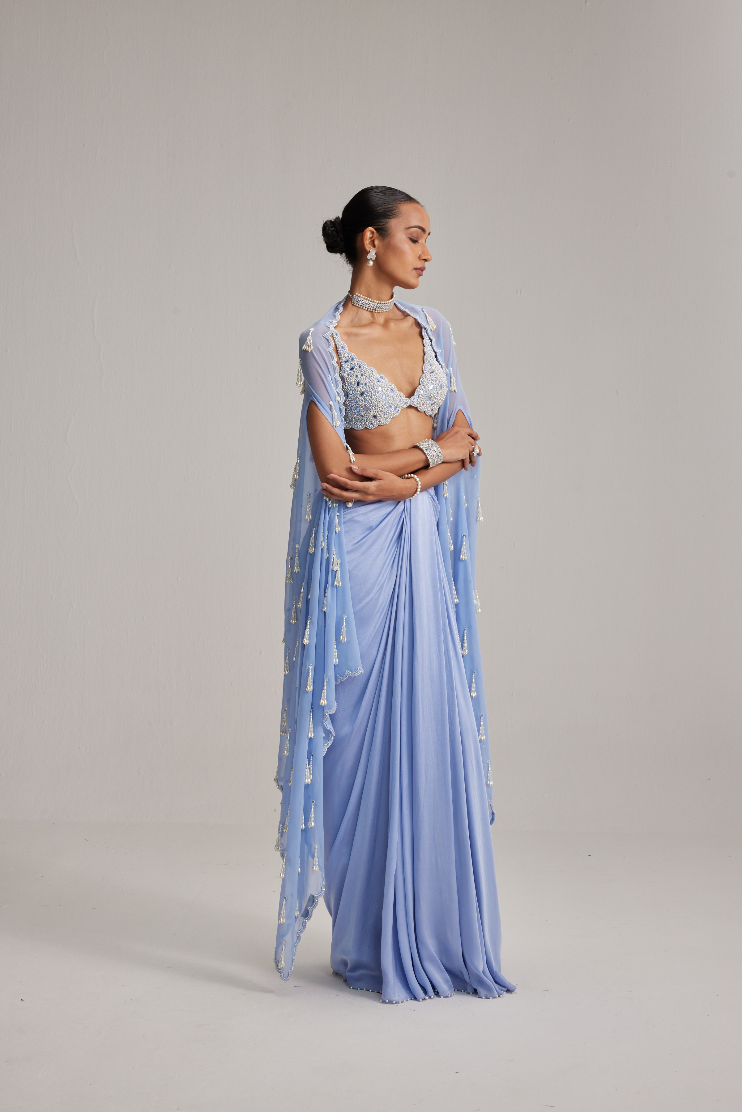 Dew Blue Cape And Satin draped skirt Set - Image 6