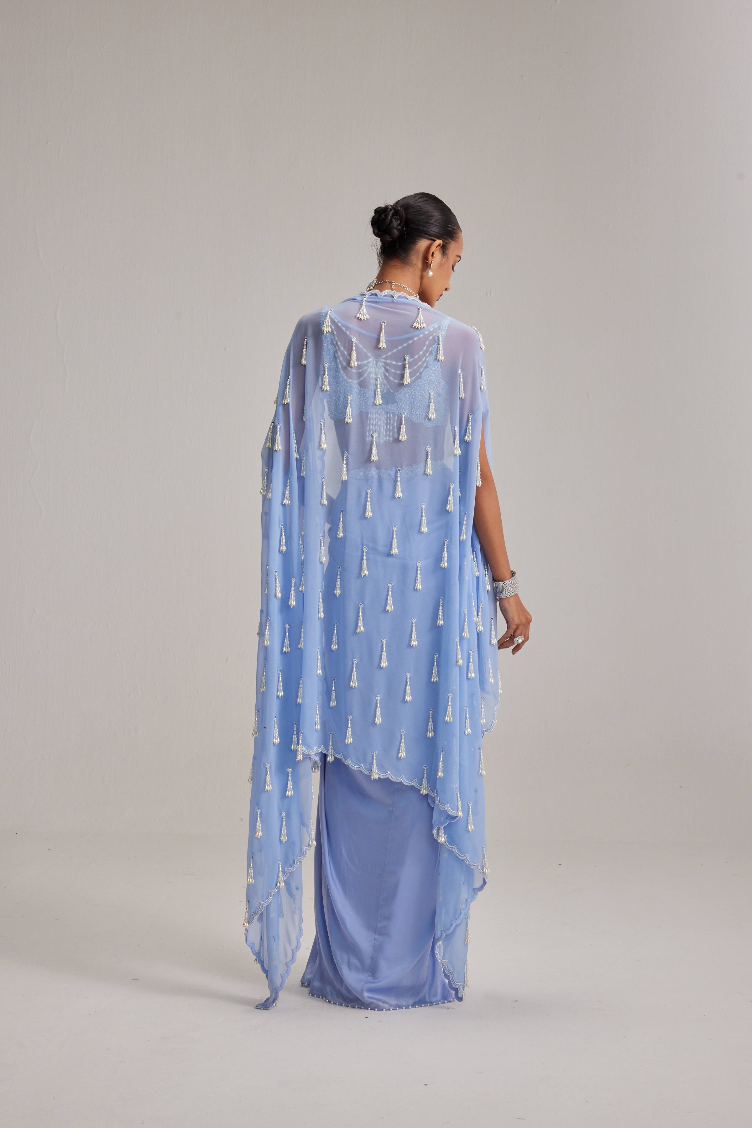 Dew Blue Cape And Satin draped skirt Set - Image 5