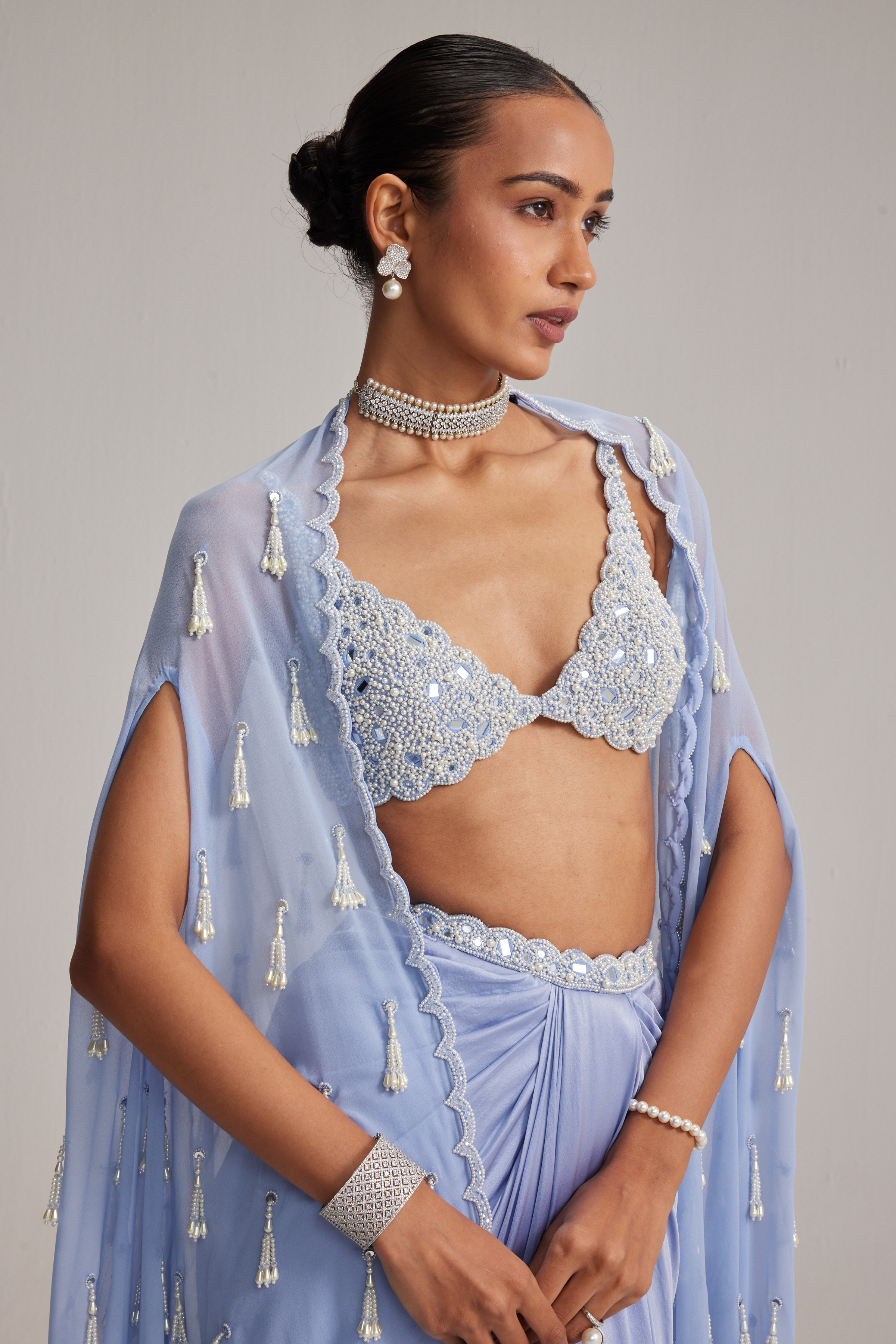 Dew Blue Cape And Satin draped skirt Set - Image 2