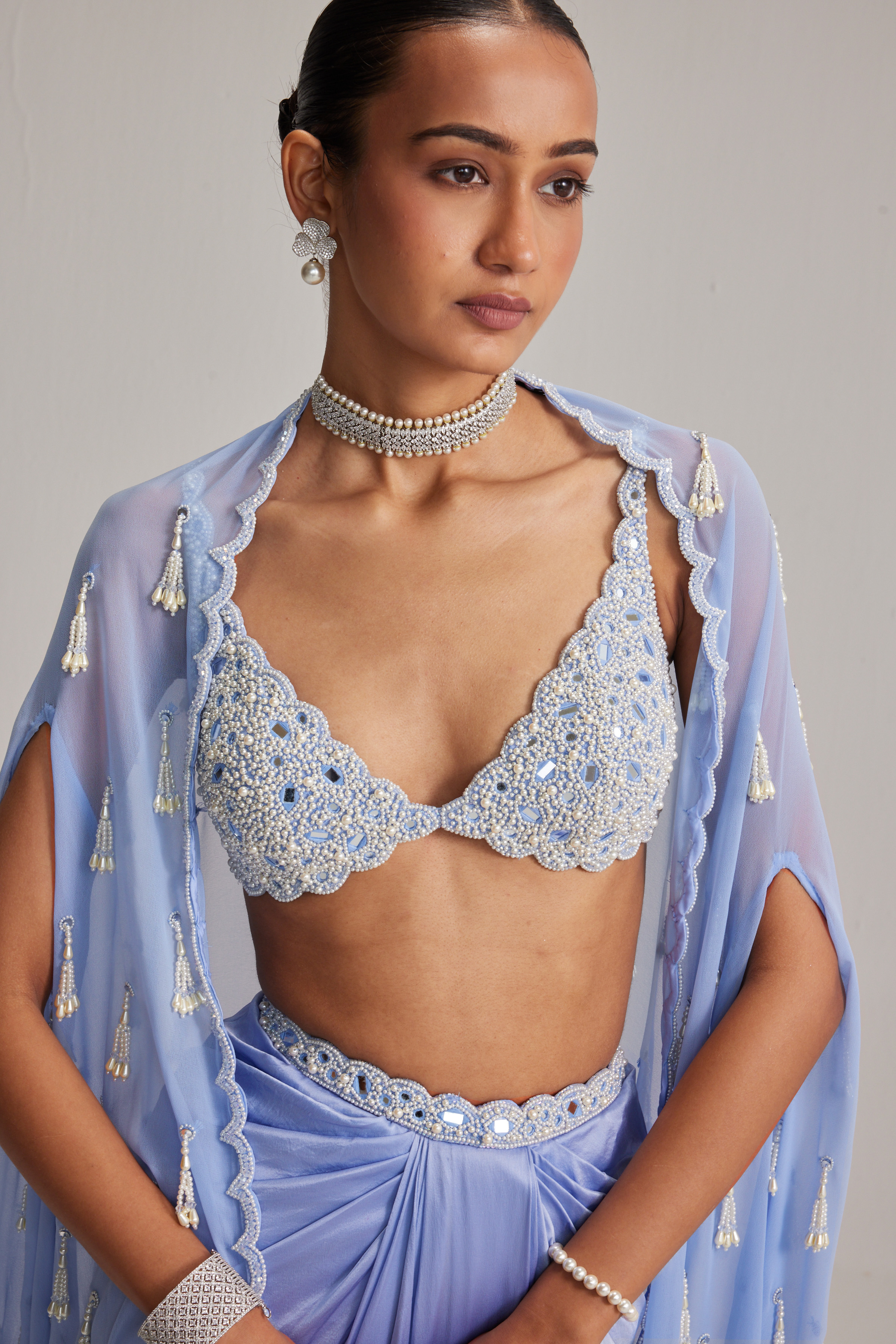 Dew Blue Cape And Satin draped skirt Set - Image 4